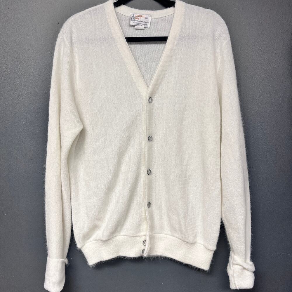 vintage men's LG London Fog knit v neck grandpa cardigan ivory off white cuffed